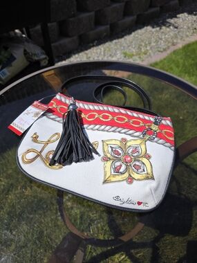 NWT Brighton Glitter & Go Pouch Crossbody Bag White Red Canvas Tassel